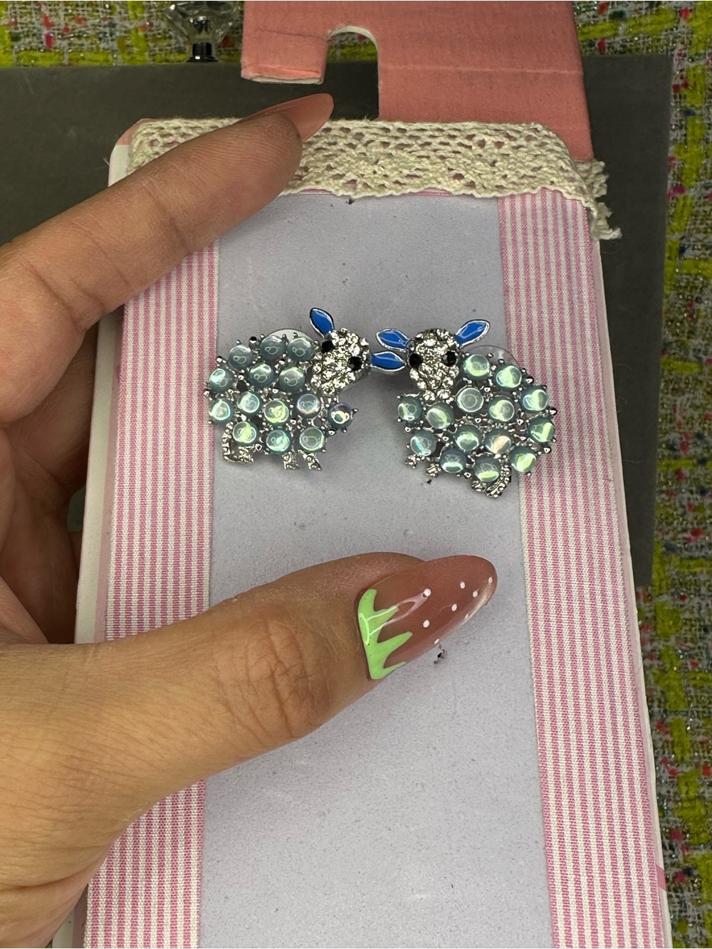 Crystal Lamb Stud Earrings - Light Blue Silver Accent